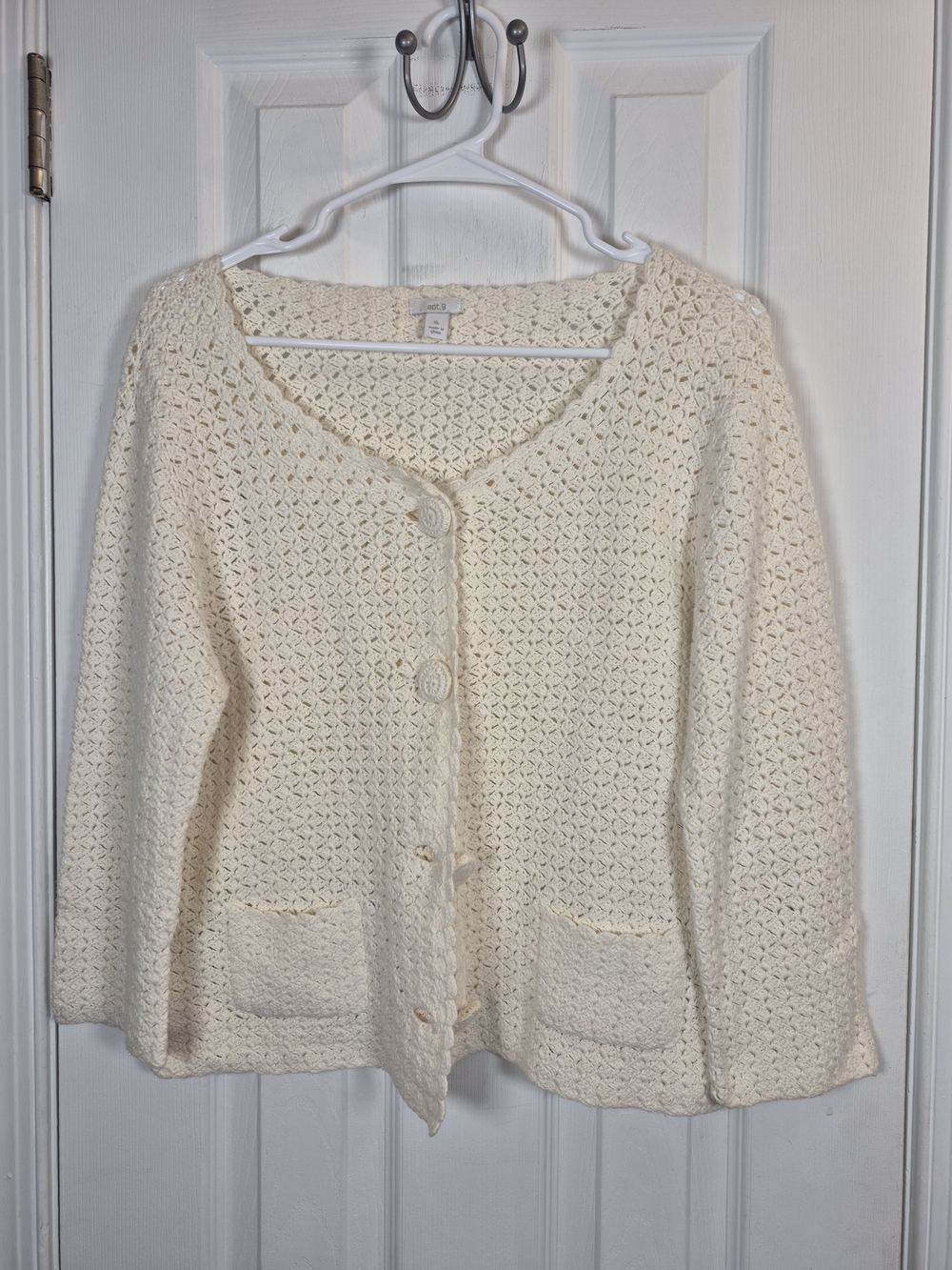 Apt 9 Crochet Knit Open Weave Cream Cardigan Sweater XL Coastal Grandmother Boho